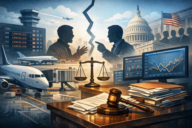 A conceptual illustration showing a flight departure board with legal documents and stock market ticker symbols overlapping, representing the legal dispute between FlightAware and