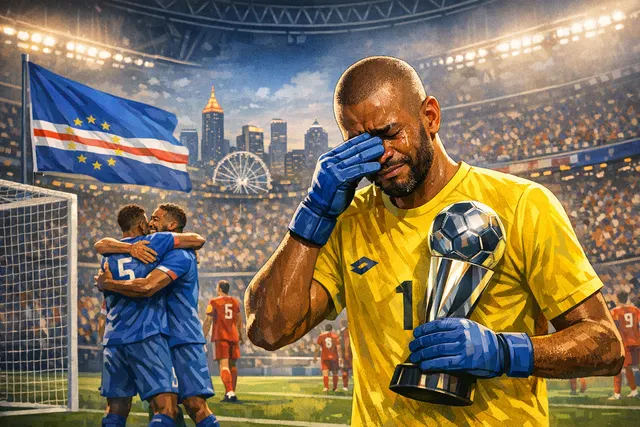 Cape Verde goalkeeper Vozinha, age 40, reacts emotionally after his Player of the Match performance in a 0-0 World Cup draw against Spain in Atlanta.