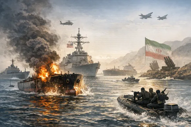 Illustration of oil tankers near the Strait of Hormuz amid regional conflict and disrupted shipping