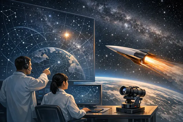 A hypersonic missile streaks across the night sky under a field of stars, representing celestial navigation guidance.