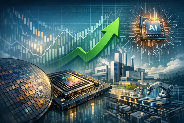 Editorial illustration of TSMC semiconductor manufacturing and Nvidia AI chips ahead of an earnings report