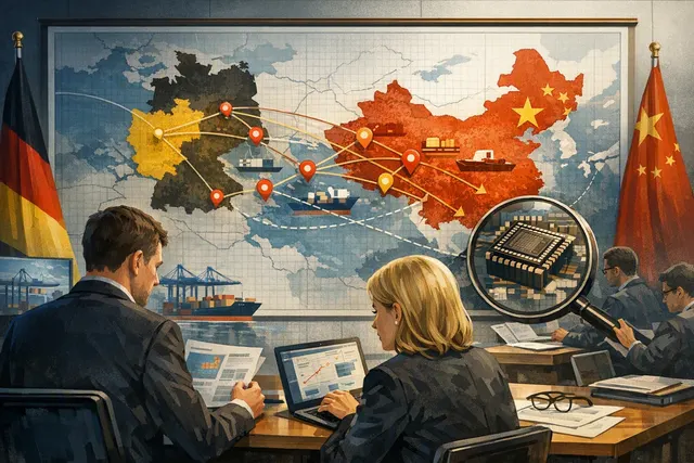 Abstract visualization of Germany-China trade dependency mapping with flags, supply chain links, and data charts