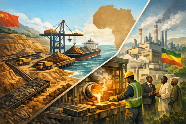 AI-generated editorial illustration of African mineral processing: a map of Africa with icons for lithium, bauxite, and graphite, connected by arrows to factories, representing the