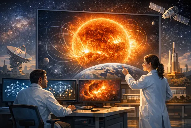 Illustration of the Sun with solar activity and data analysis elements representing AI-based solar active region prediction