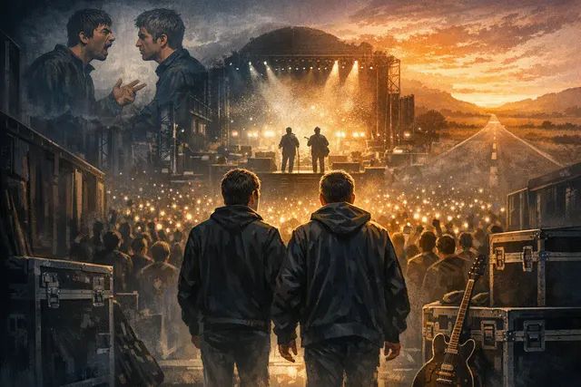 Editorial illustration of Liam and Noel Gallagher reuniting for the Oasis documentary Don’t Look Back in Anger