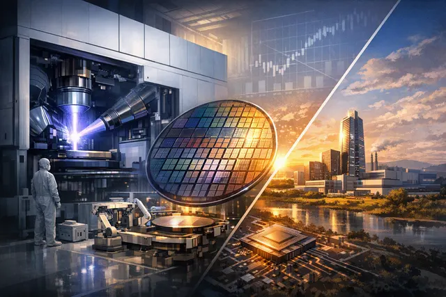 Conceptual ASML High-NA EUV lithography machine illuminating a semiconductor wafer in a modern chip fab