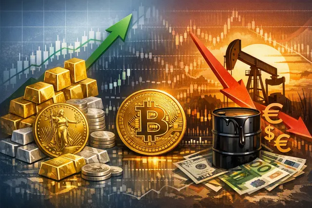 Chart showing gold and silver price rally versus Bitcoin flat price action in August 2026, with oil drop and yen intervention triggers