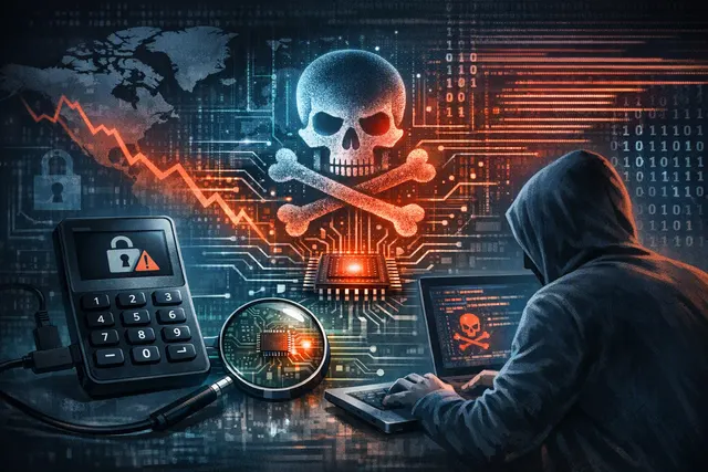 Coldcard hardware wallet on a dark surface with glowing Bitcoin symbols, representing the 2026 firmware exploit that drained $130M