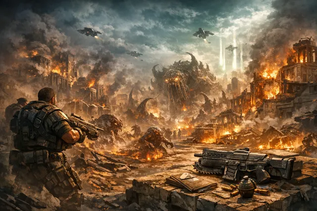 Gears of War E-Day gameplay showing Marcus Fenix fighting a Locust drone in a destroyed urban city street during Emergence Day, with cinematic Unreal Engine 5 graphics
