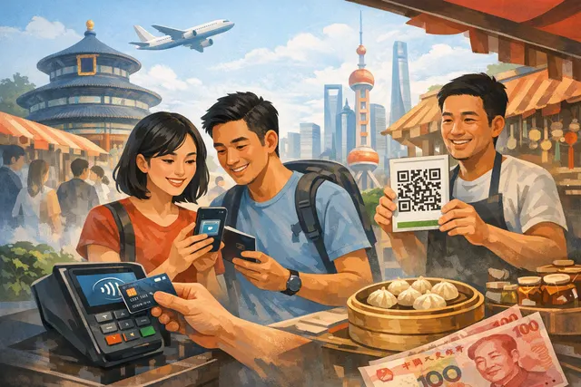 Illustration of a Singapore traveller using a smartphone to scan a payment QR code in China