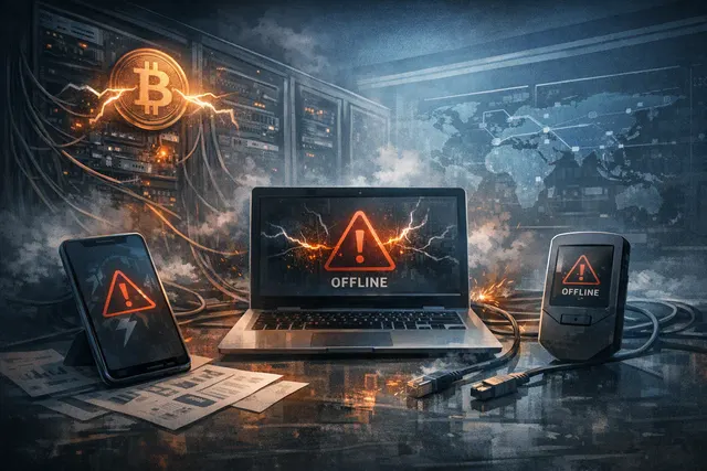 Digital illustration of a Bitcoin Lightning Network visual overlaying security icons, representing the outages of Boltz, ZEUS, and AQUA wallets in August 2026.