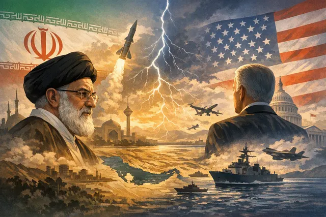 Silhouette of Iranian political figures set against a backdrop of the Iranian flag and a map of the Strait of Hormuz, symbolizing the internal power struggle over negotiations with