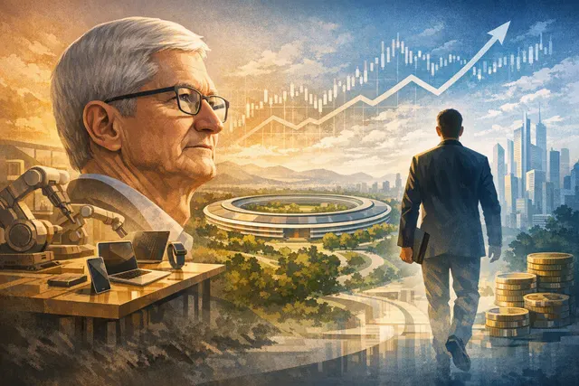 Illustration of Tim Cook handing Apple leadership to John Ternus during a changing technology and supply-chain landscape