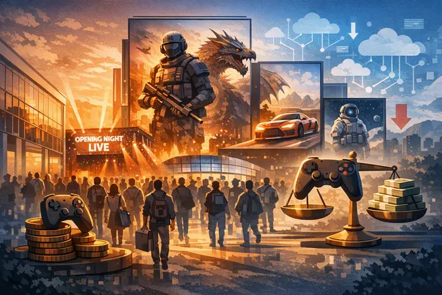 Stylized editorial illustration of a major video-game showcase in Cologne, with digital gaming symbols and blockbuster-release imagery