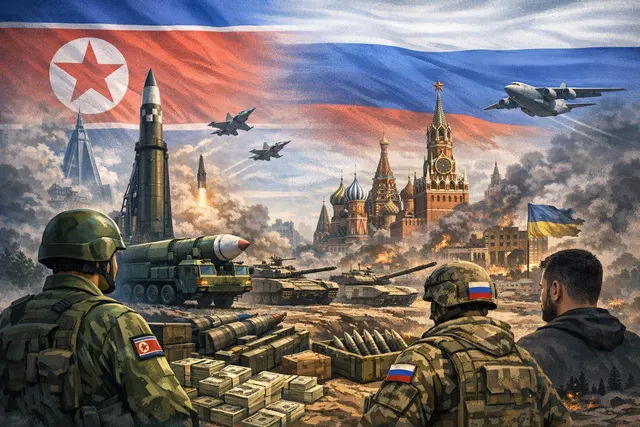 Editorial illustration of North Korean and Russian military cooperation, showing artillery shells, troop silhouettes, and a map of the Korean Peninsula and Eastern Europe.