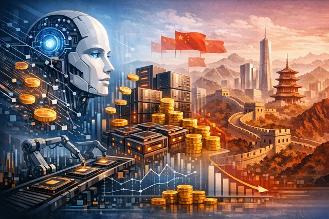 Abstract visualization of global AI model traffic flows showing Chinese AI models surging past US models on metrics like token volume and download share