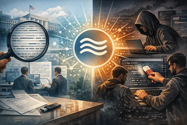 Abstract editorial illustration of an invisible statistical watermark moving through Claude-generated text and digital files