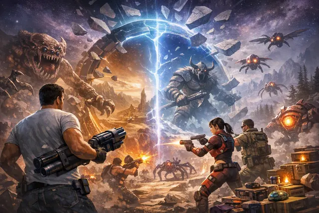 Serious Sam: Shatterverse key art showing multiple alternate-dimension versions of Sam Serious Stone