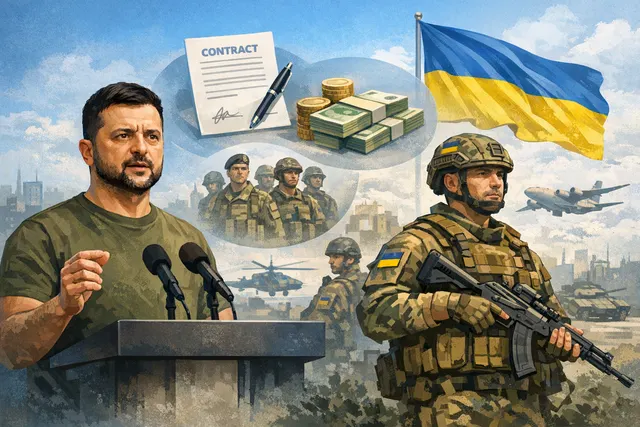 Ukrainian infantry soldiers in silhouette against a backdrop of national colors and a military unit patch, symbolizing the pay and contract reform.