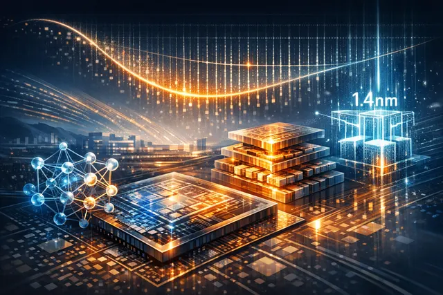 A conceptual 3D rendering of a futuristic multi-layered microchip architecture with glowing orange signal paths, symbolizing Huawei's stacked LogicFolding chip technology.