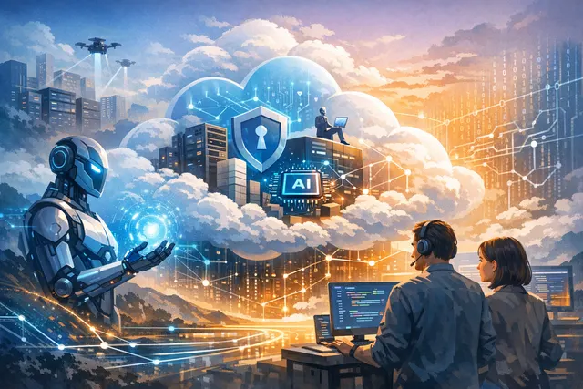 Abstract visualization of a managed DevSecOps platform on Google Cloud with interconnected AI agents and security layers.