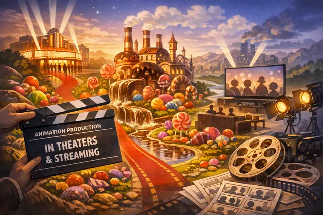 AI-generated image of a chocolate factory exterior with a surreal sky, representing the animated world of Charlie vs. the Chocolate Factory