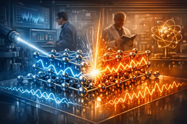 Conceptual illustration of electrons forming two distinct charge density wave patterns in erbium tritelluride, one rebuilding uniformly and the other nucleating in pockets