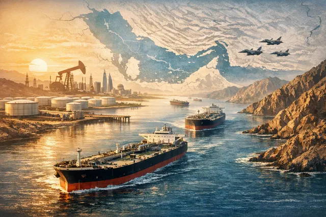 AI-generated editorial hero image showing a large crude oil tanker at sea under a dramatic sky, symbolizing ADNOC's fleet expansion and UAE's post-OPEC export strategy.