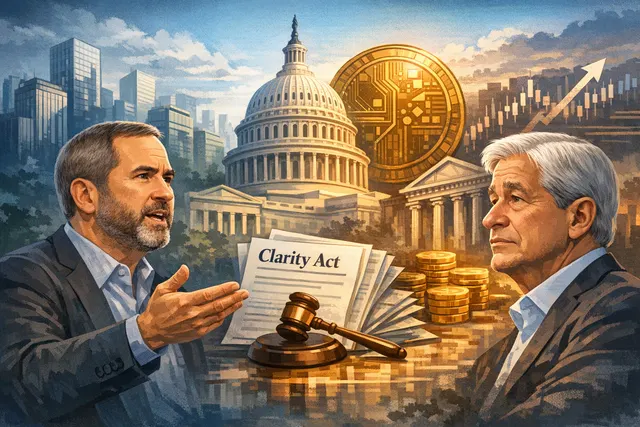 Ripple CEO Brad Garlinghouse and JPMorgan CEO Jamie Dimon in a tense regulatory debate over the CLARITY Act, juxtaposed with XRP market charts and a $1 billion revenue target graph