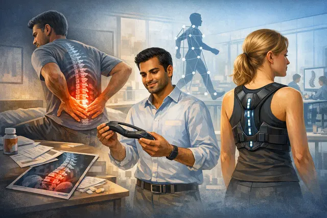 Editorial illustration of the Curv wearable spinal sensor device embedded in kinesiology tape, worn along a person's back