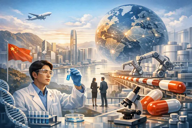 Abstract graphic representing China's biotech ecosystem, with a double helix DNA strand and a map of China integrated into a futuristic medical research landscape.