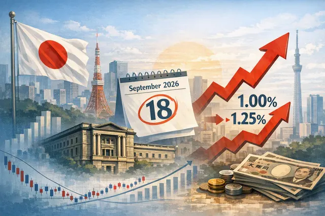 Bank of Japan building in Tokyo with rising inflation charts and yen symbol overlay