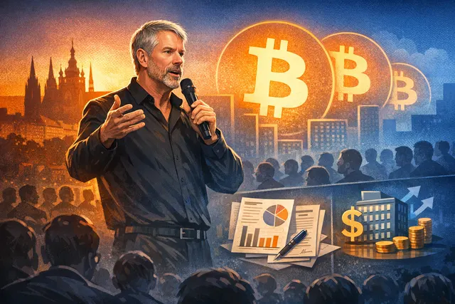 Michael Saylor on stage at BTC Prague addressing the audience about his 'never sell Bitcoin' clarification