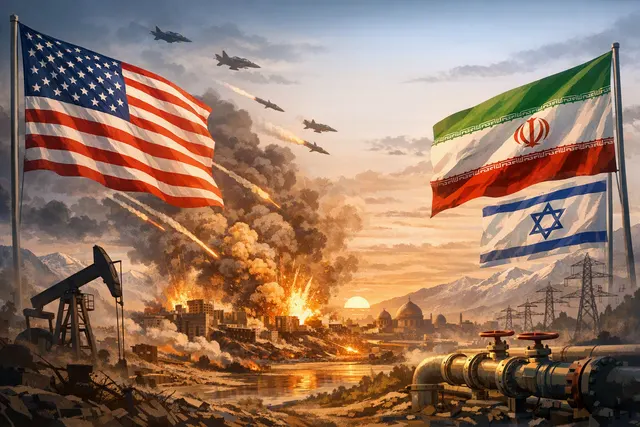 Editorial illustration of a European energy crisis linked to disrupted Strait of Hormuz shipping and the Iran conflict