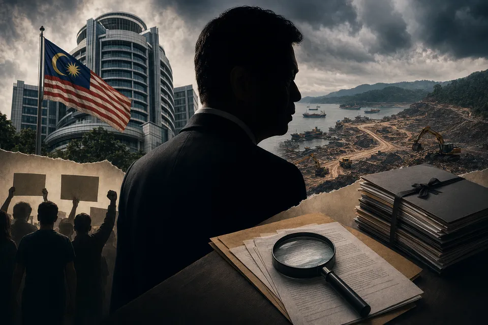 Editorial illustration of Malaysia’s anti-corruption leadership transition with documents, scales of justice and unresolved probes under scrutiny