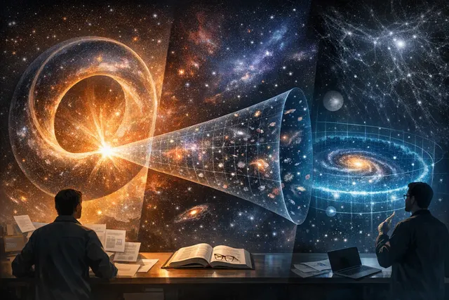 Conceptual illustration of the universe's expansion and the cosmic web, representing the standard cosmological model and the recent challenges from three alternative theories