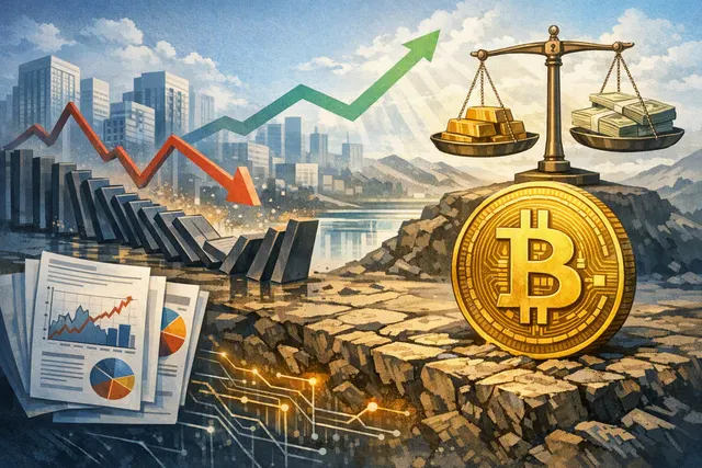 Editorial illustration of Bitcoin falling sharply while portfolio diversification metrics remain visible