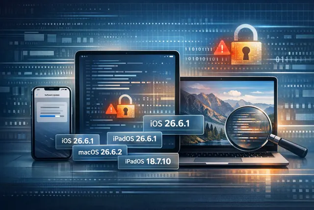 Apple iOS 26.6.1 and macOS Tahoe 26.6.2 security update notification on an iPhone and MacBook screen, with a beta-testing badge in the corner