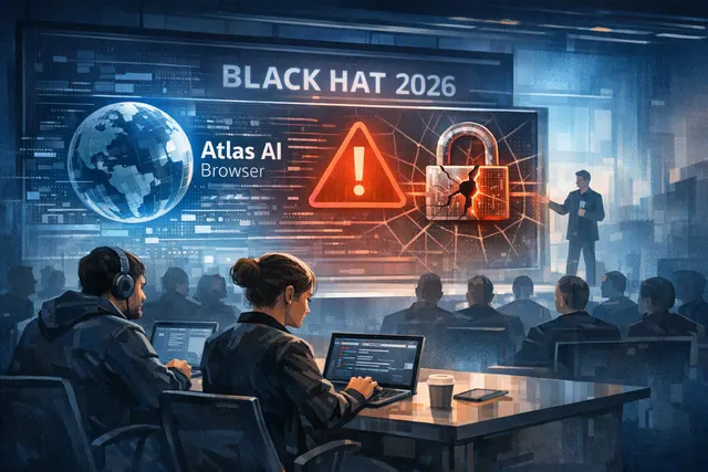 Abstract illustration of a browser window with AI agent icons being manipulated by hidden instructions, representing the PleaseFix zero-click vulnerability class demonstrated at Bl