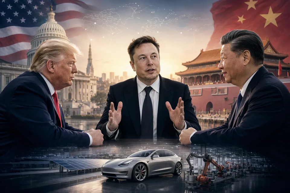 Elon Musk and global business leaders associated with U.S.–China trade discussions at a Beijing summit
