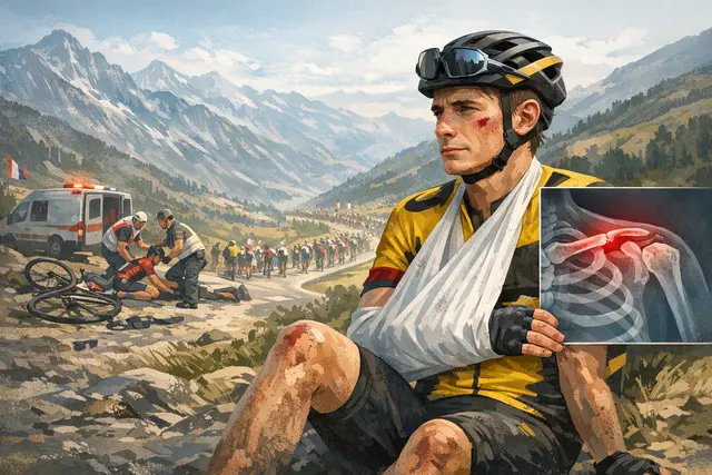 Editorial illustration of Jonas Vingegaard recovering from a collarbone injury after a Tour de France crash
