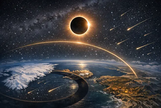 Illustration of a total solar eclipse with the Moon covering the Sun, creating a glowing corona, against a dark sky with stars