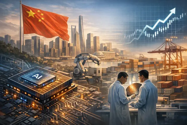 Abstract visualization of AI chip circuit board with Chinese and US semiconductor supply chain symbolism