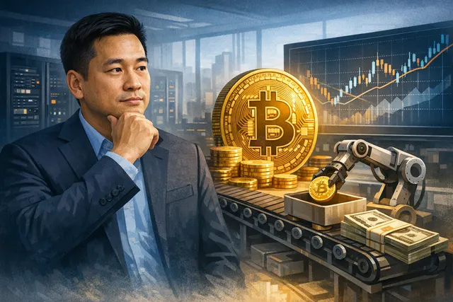 Abstract illustration of a split coin and disputed contract representing corporate Bitcoin sales and prediction market disputes