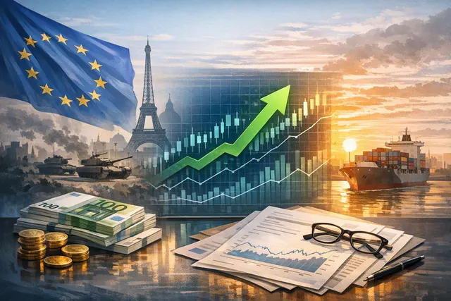 Graphic representation of a European stock market rally on a digital screen showing the STOXX 600 chart and upward-trending arrows.
