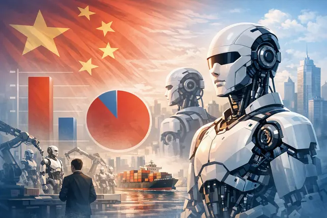 A futuristic humanoid robot stands in a factory setting, representing the global surge in Chinese humanoid robot shipments in 2026.