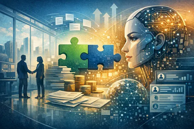 Abstract illustration of two puzzle pieces connecting, symbolizing the Klaviyo–Agency acquisition and founder reunion