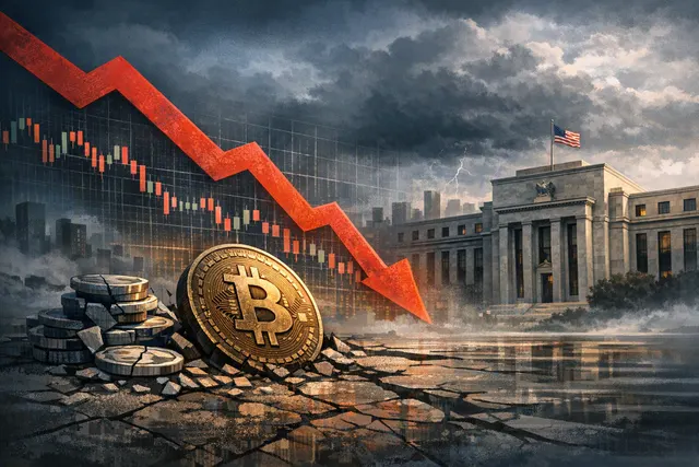 Bitcoin price chart with bearish technical indicators, stablecoin market cap decline overlay, and Federal Reserve calendar for August 2026