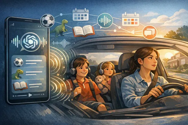 An artistic rendering of a smartphone with a ChatGPT interface next to a child's school bag, symbolizing the debate over AI replacing parent-child conversations during the school c