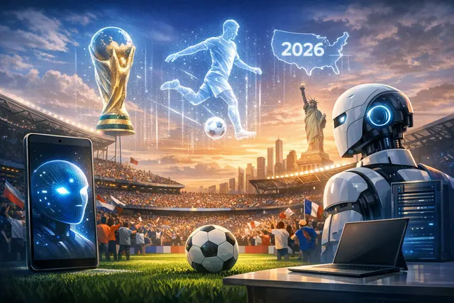 Abstract visual representing the AI competition at the 2026 FIFA World Cup, with symbolic connections between Google Gemini, OpenAI ChatGPT, and Lenovo's technology on a soccer pit